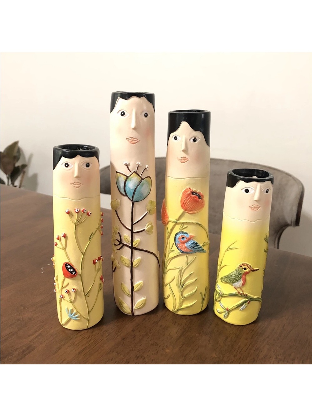 Hand-Painted Ceramic Family Bud Vases Set - Yellow & Cream